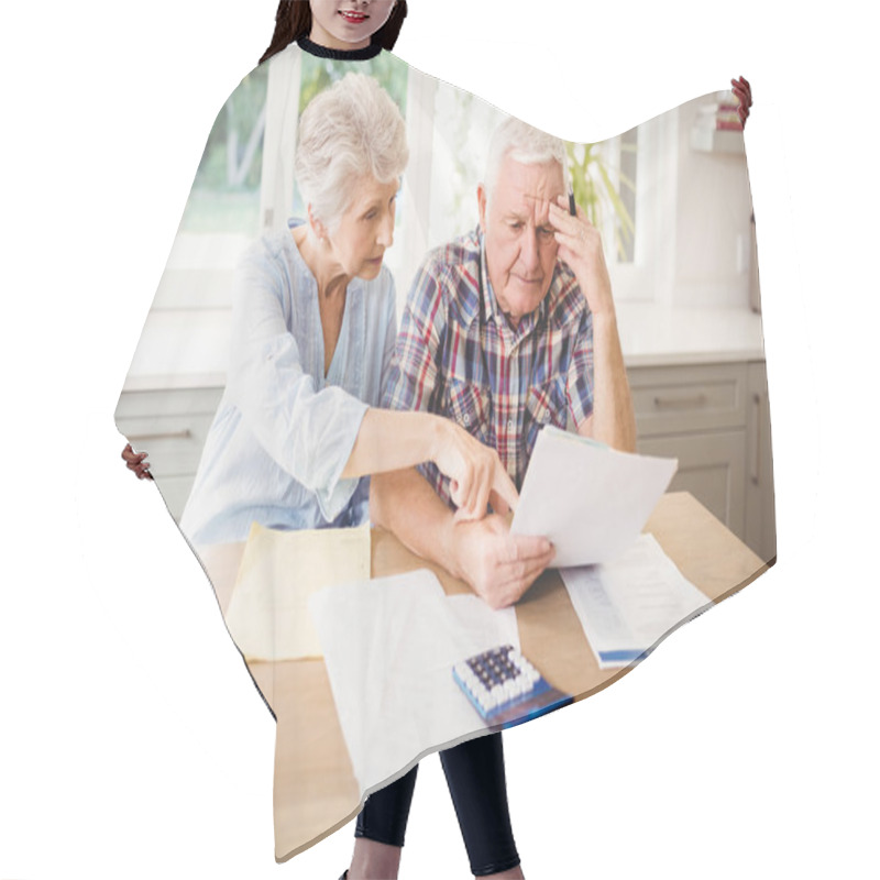 Personality  Worried Senior Couple Checking Bills Hair Cutting Cape