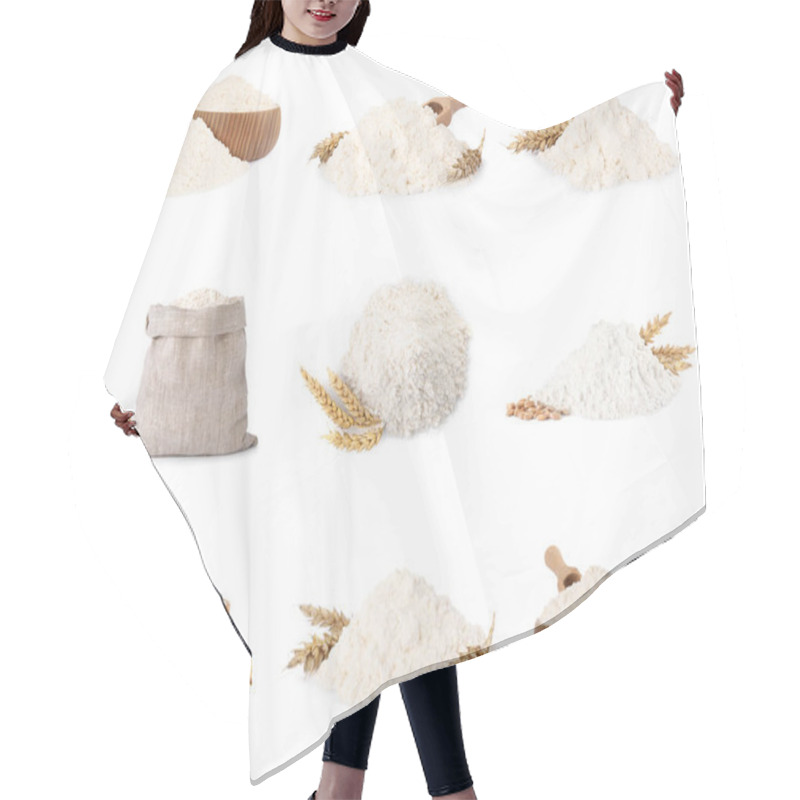 Personality  Set With Wheat Flour On White Background Hair Cutting Cape