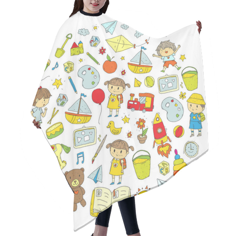 Personality  Kindergarten Nursery Preschool School Education With Children Doodle Pattern Kids Play And Study Boys And Girls Kids Drawing Icons Space, Adventure, Exploration, Imagination Concept Hair Cutting Cape