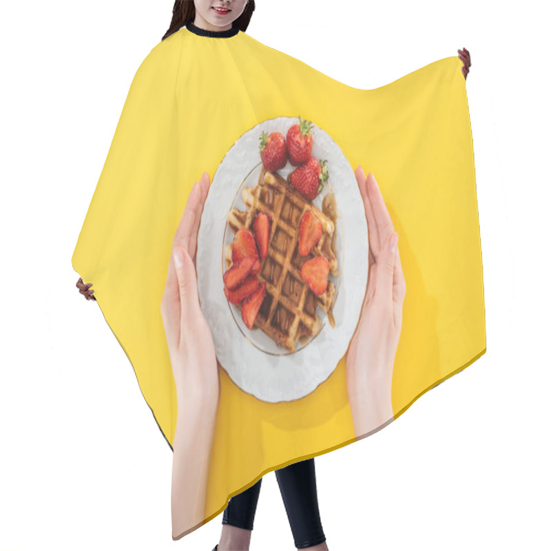 Personality  Cropped View Of Woman Holding Plate With Waffle And Strawberries On Yellow Hair Cutting Cape