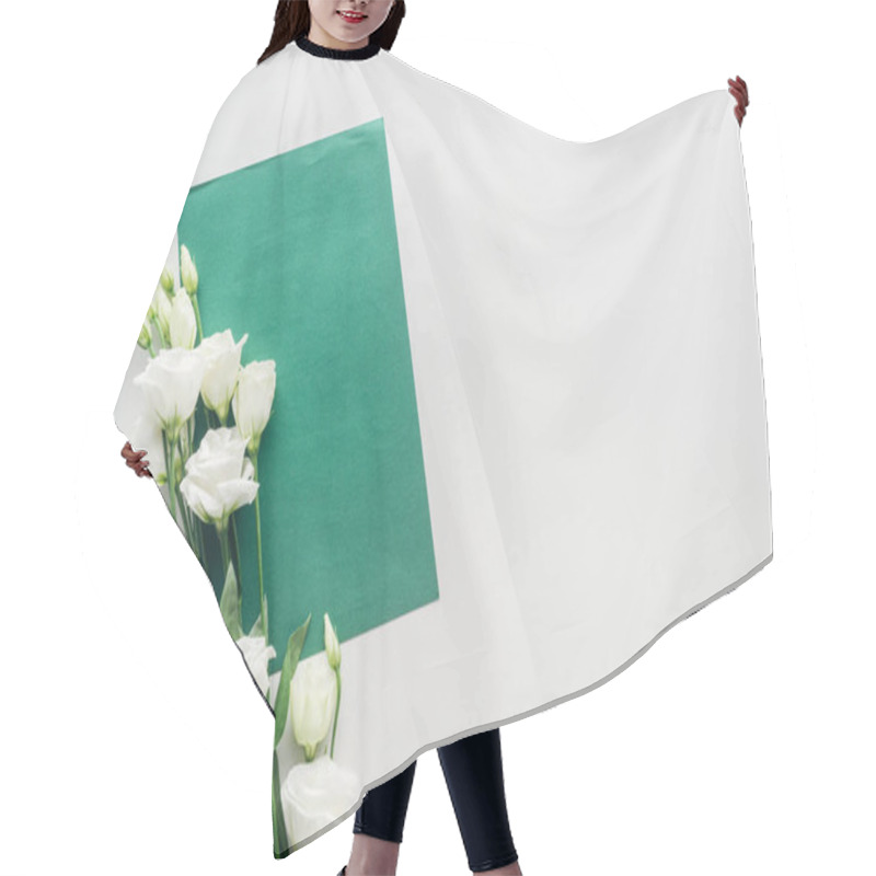 Personality  Top View Of Empty Green Envelope With Eustoma On Grey Background Hair Cutting Cape