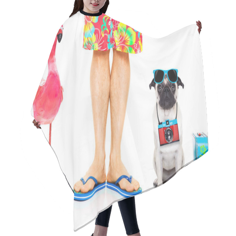 Personality  Dog And Owner Ready To Go On Summer Vacation Holidays And A Gay Pink Flamingo , Isolated On White Hair Cutting Cape