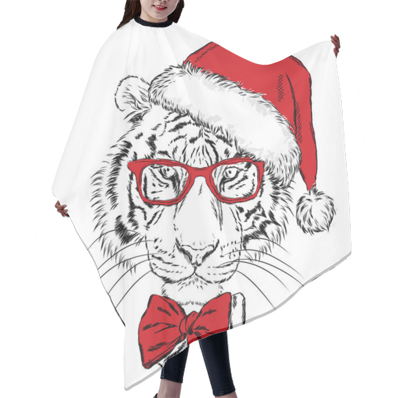 Personality  Tiger In Christmas Hat And Sunglasses. Print On A Postcard Or Poster. Vector Illustration. Holiday Card. New Year's And Christmas. Santa Claus. Hair Cutting Cape