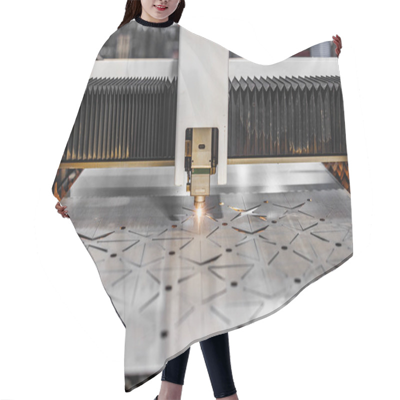 Personality  Precision In Motion A Laser Cutting Machine Seamlessly Etches Intricate Patterns Onto A Gleaming Metal Sheet, Illuminating Innovation In The Heart Of Modern Engineering. Hair Cutting Cape