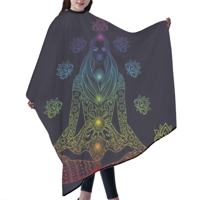 Personality  Girl Sitting In Lotus Pose With Chakras.  Vector Ornate Boho Wom Hair Cutting Cape