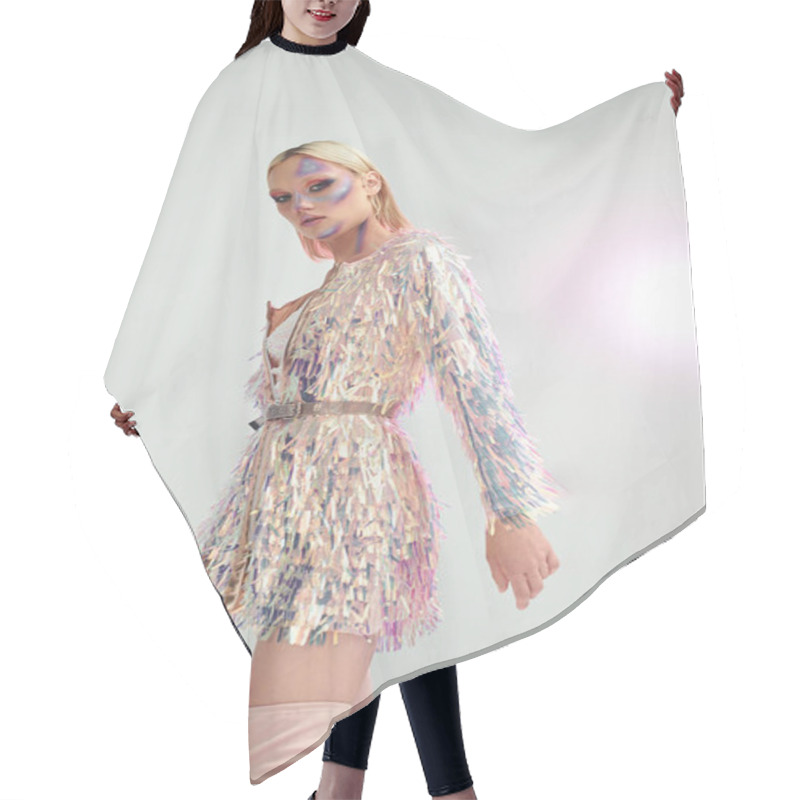 Personality  A Stylish Young Woman Exudes Charm In A Holographic Ensemble With Shimmering Details. Hair Cutting Cape