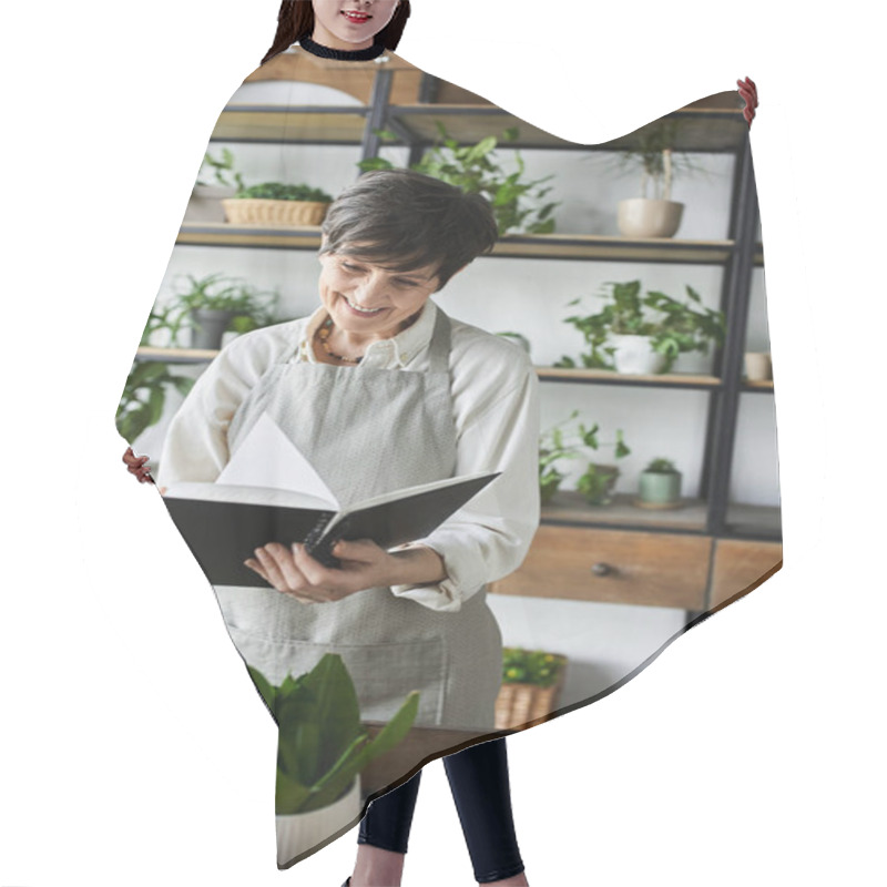 Personality  A Woman Delights In Caring For Her Plants In A Vibrant Studio. Hair Cutting Cape