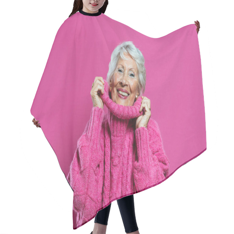 Personality  Image Of A Beautiful And Elegant Old Influencer Woman. Cool Grandmother Posing In Studio Wearing Fashionable Clothes. Happy Senior Lady Celebrating And Making Party. Concept About Seniority And Lifestyle Hair Cutting Cape