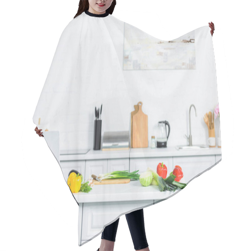 Personality  Vegetables On Kitchen Counter In Light Modern Kitchen Hair Cutting Cape