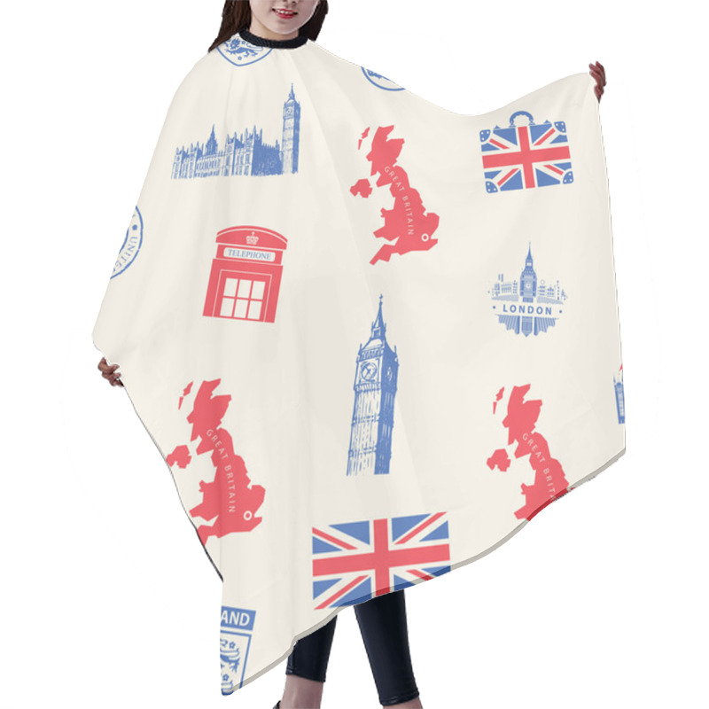 Personality  Vector Seamless Pattern On UK And London Theme With British Symbols, Architectural Landmarks And Flag Of The Great Britain In Retro Style. Suitable For Wallpaper, Wrapping Paper, Fabric, Textile Hair Cutting Cape