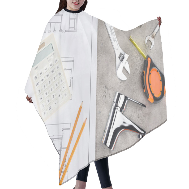 Personality  Top View Of Building Plan With Various Tools And Calculator On Concrete Surface Hair Cutting Cape