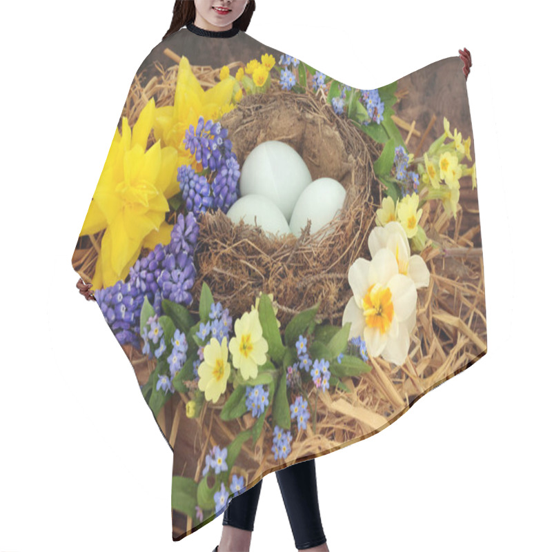 Personality  Springtime Composition With Blue Eggs In A Birds Nest With Spring Flowers. Natural Fresh Health Food Concept On Rustic Wood Background. Hair Cutting Cape