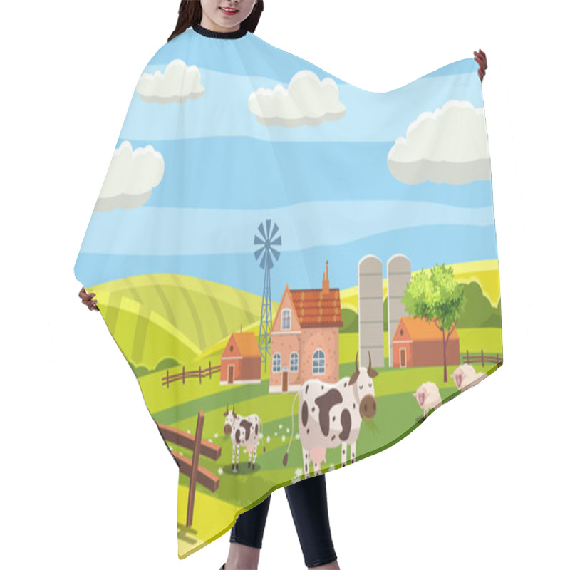 Personality  Rural Farm Landscape With Green Fields Hills And Farm Village Buildings Animals Cows Sheeps. Vector Illustration Isolated Baner Poster Hair Cutting Cape