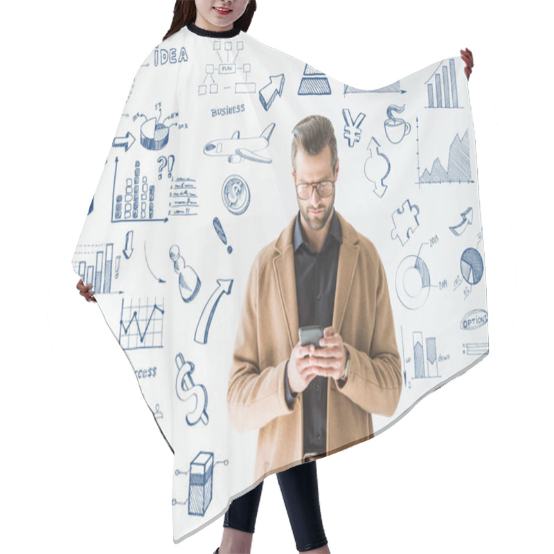 Personality  Handsome Developer In Brown Coat Using Smartphone, Isolated On White With SEO And Business Icons Hair Cutting Cape