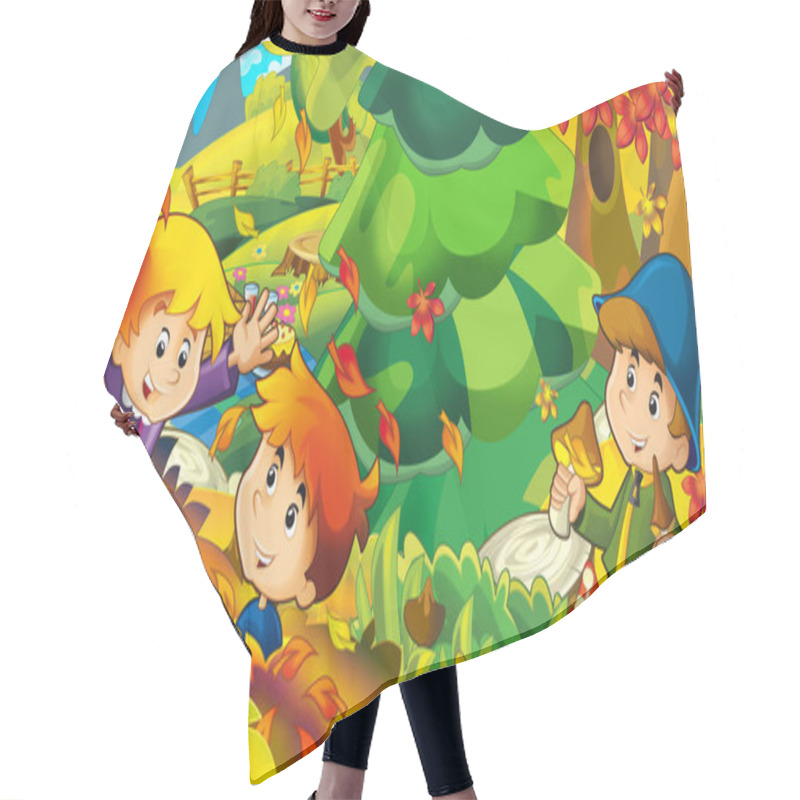 Personality  Cartoon Autumn Nature Background With Boy Gathering Mushrooms - Illustration For Children Hair Cutting Cape