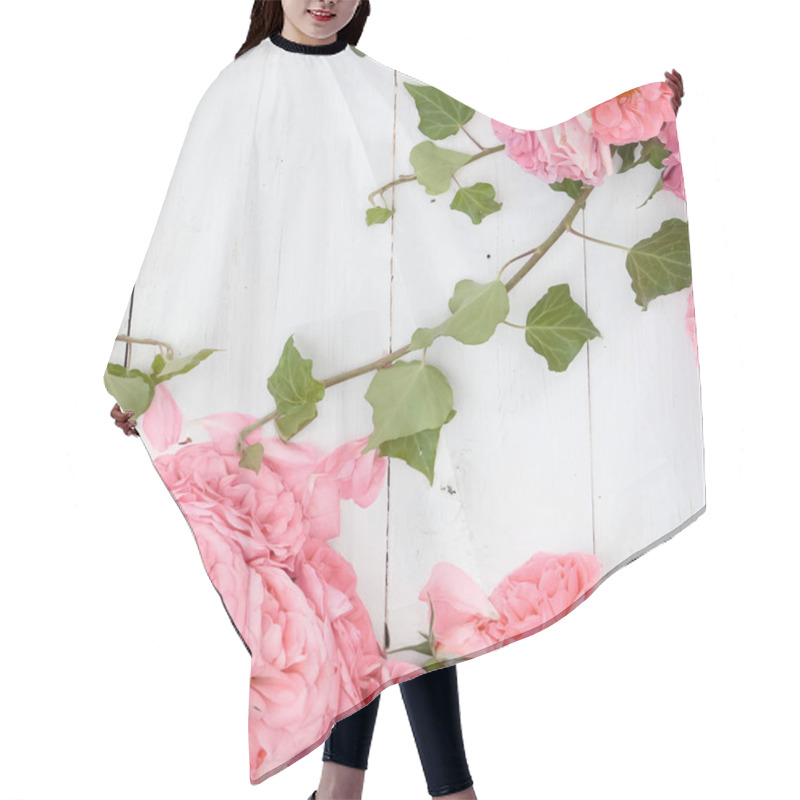 Personality  Romantic Pink Roses And Branches Of Ivy On White Wooden Background Hair Cutting Cape