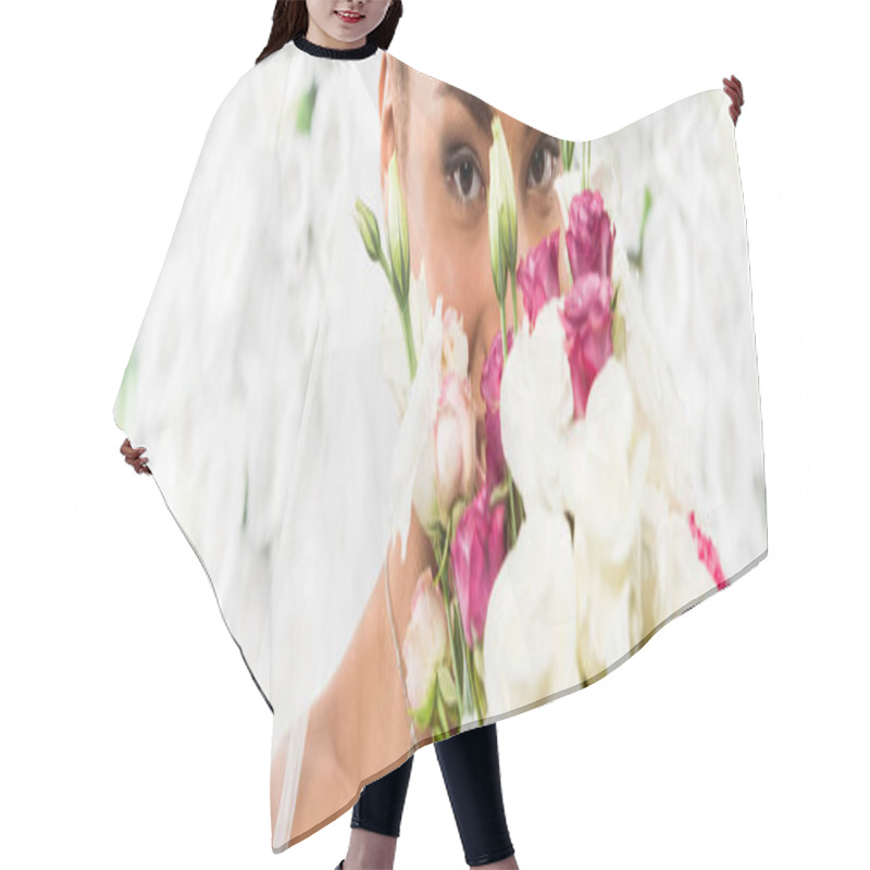 Personality  Panoramic Shot Of African American Bride Covering Face With Flowers  Hair Cutting Cape