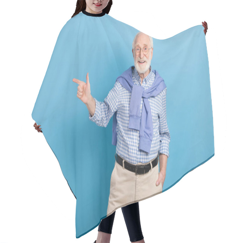 Personality  Photo Of Optimistic Old Grey Hairdo Man Point Empty Space Wear Spectacles Blue Shirt Isolated On Pastel Color Background Hair Cutting Cape