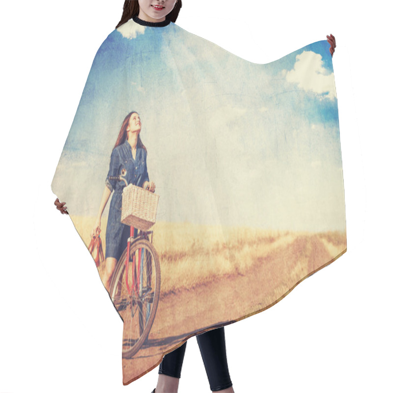 Personality  Brunette Girl  With Bycicle On Countryside Road. Hair Cutting Cape