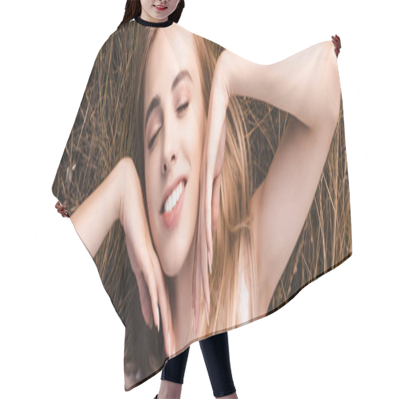 Personality  Panoramic Concept Of Sensual Blonde Woman Touching Face While Lying On Grass With Closed Eyes, Top View Hair Cutting Cape