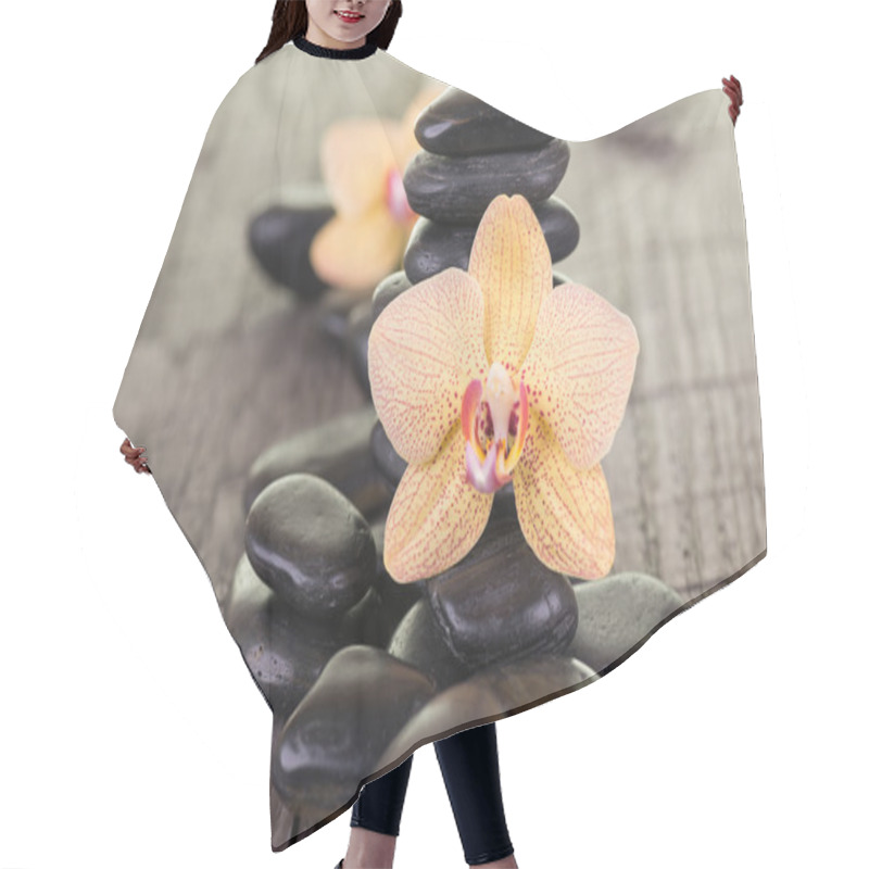 Personality  Yellow Moth Orchids And Black Stones On Weathered Deck Hair Cutting Cape