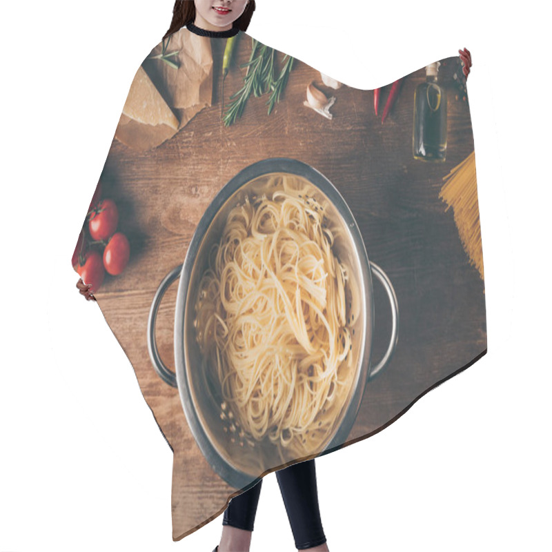 Personality  Top View Of Spaghetti Pasta And Ingredients On Wooden Tabletop Hair Cutting Cape