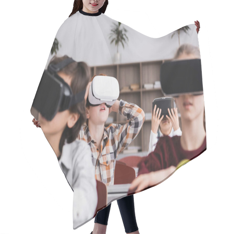 Personality  Selective Focus Of Excited Schoolkid In Vr Headset Near Pupils On Blurred Background Hair Cutting Cape