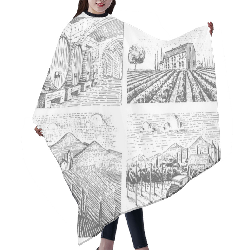 Personality  Vintage Engraved, Hand Drawn Vineyards Landscape, Tuskany Fields, Old Looking Scratchboard Or Tatooo Style Hair Cutting Cape