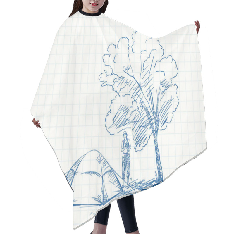 Personality  Tent And Woman At Campsite Under Big Tree, Blue Pen Sketch On Square Grid Notebook Page, Hand Drawn Vector Illustration Hair Cutting Cape