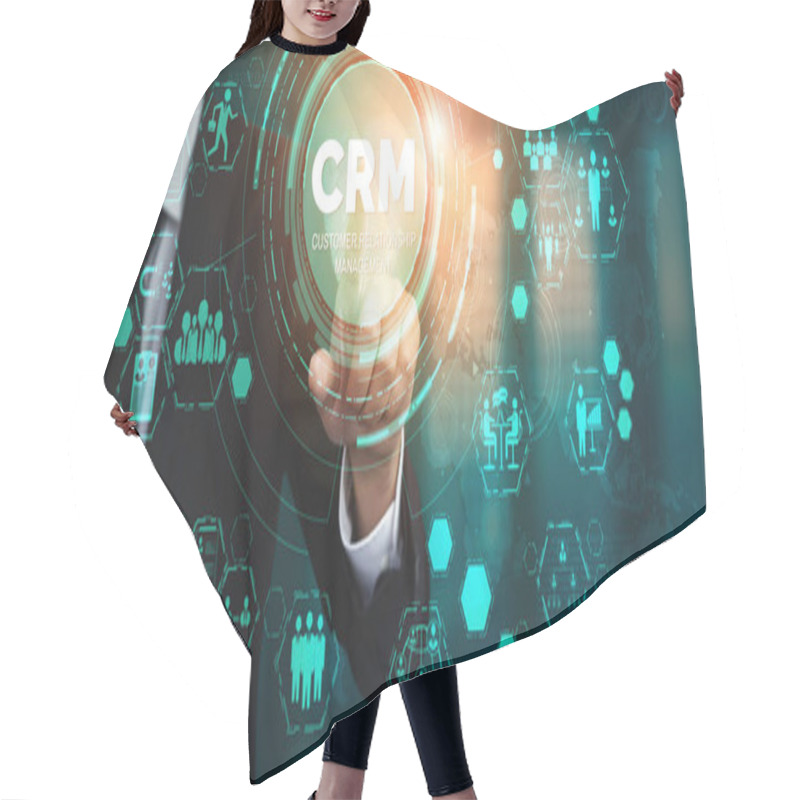 Personality  CRM Customer Relationship Management For Business Sales Marketing System Concept Presented In Futuristic Graphic Interface Of Service Application To Support CRM Database Analysis. Hair Cutting Cape