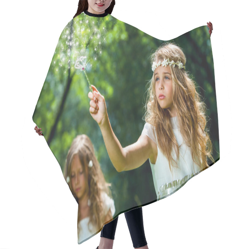 Personality  Girl Waving Magic Wand In Woods. Hair Cutting Cape