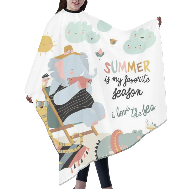 Personality  Cute Cartoon Animals Sunbathing On Beach. Hello Summer Hair Cutting Cape