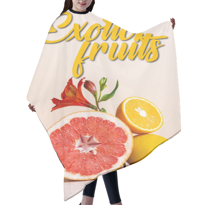 Personality  Floral And Fruit Composition With Red Alstroemeria And Citrus Fruits Near Exotic Fruits Lettering On Beige Hair Cutting Cape