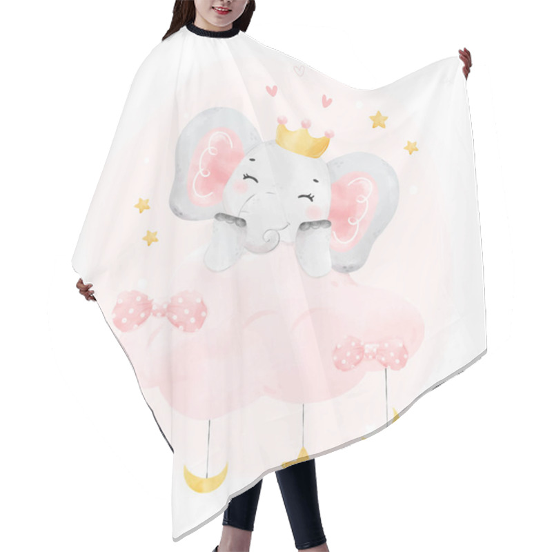 Personality  Cute Happy Cheerful Smile Baby Pink Elephant Girl On Night Pink Cloud, Adorable Nursery Birthday Wildlife Animal Watercolur Cartoon Illustration Hair Cutting Cape