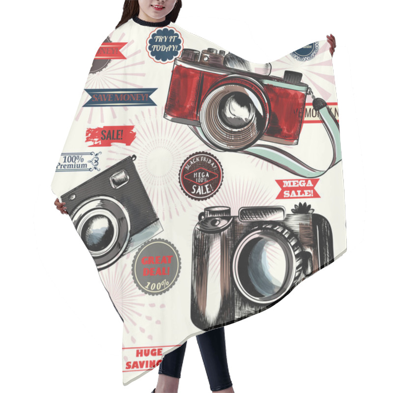 Personality  Seamless Background With Labels And Hand Drawn Cameras Hair Cutting Cape