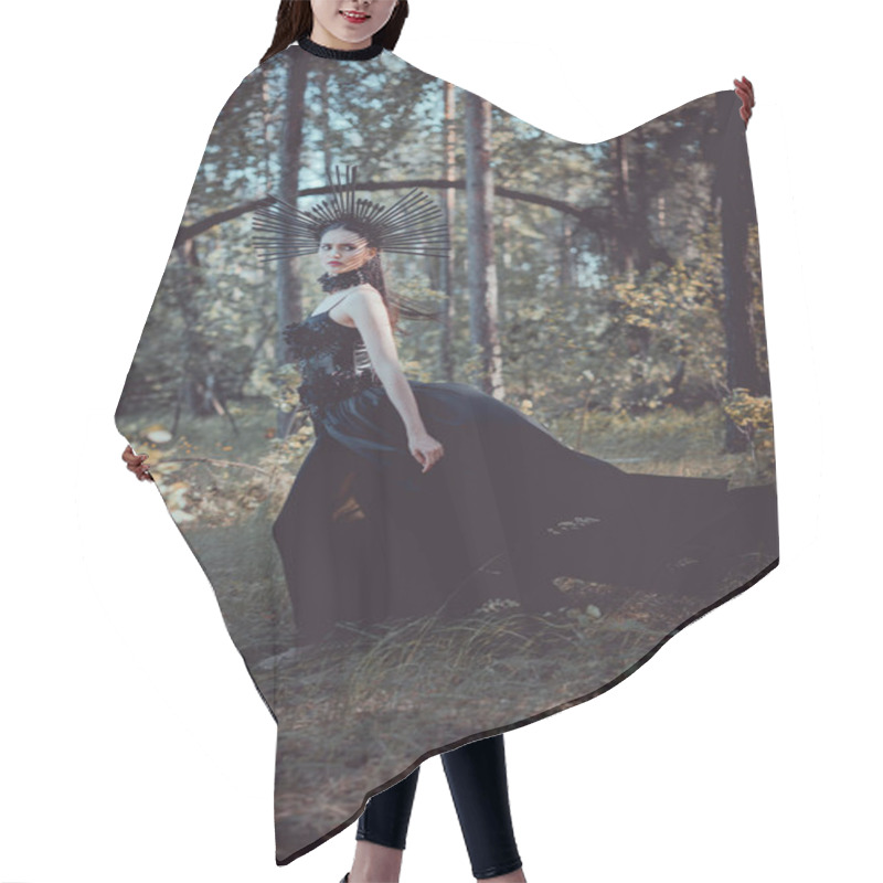 Personality  Side View Of Brunette Woman In Witch Costume Standing On Forest Background, Looking Away Hair Cutting Cape