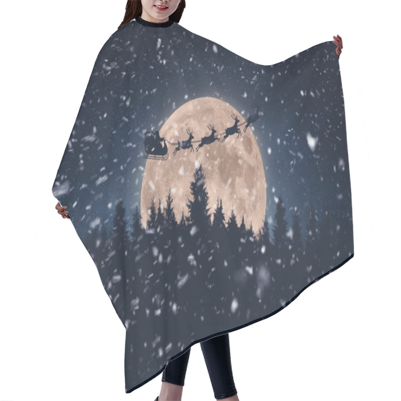 Personality  Santa Claus In A Sleigh With Reindeer Flies Over Snowy Forest In The Night Starry Sky With An Amazing Big Moon With Snow. Magic And Happy New Year 2025, Concept. Night Forest With Full Moon Hair Cutting Cape