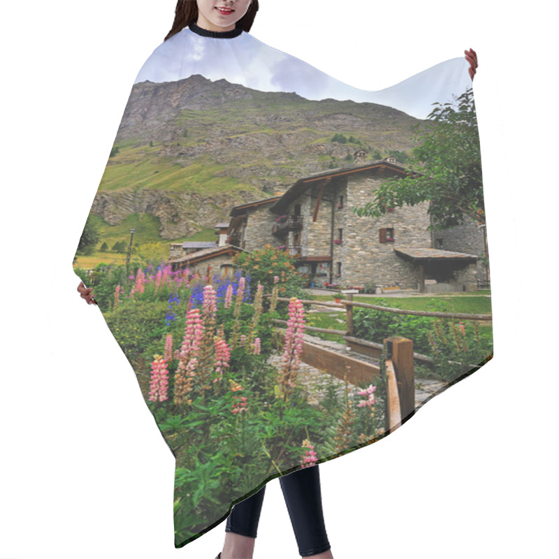 Personality  Flowers With Alps Architecture In Rhemes Notre Dame, Valle Aosta, Italy Hair Cutting Cape