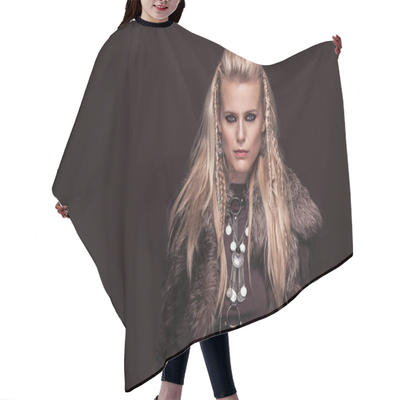 Personality  Portrait Of Viking Woman In A Traditional Warrior Clothes. Hair Cutting Cape