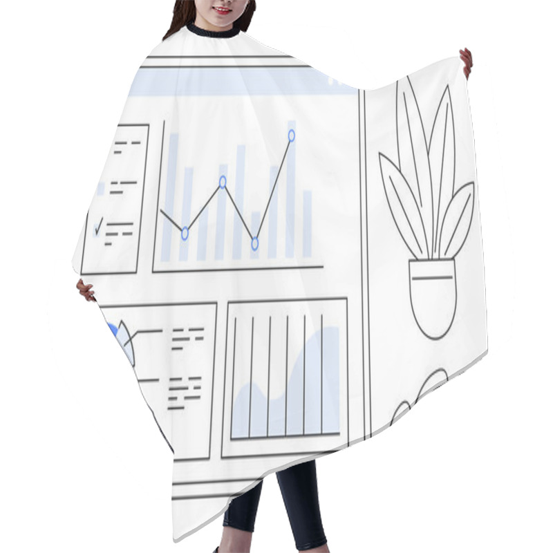 Personality  Computer Screen Displaying Bar Charts, Pie Chart, And Line Graph, Alongside A Potted Plant And A Small Cloud. Ideal For Data Presentation, Financial Analysis, Business Reports, Performance Metrics Hair Cutting Cape