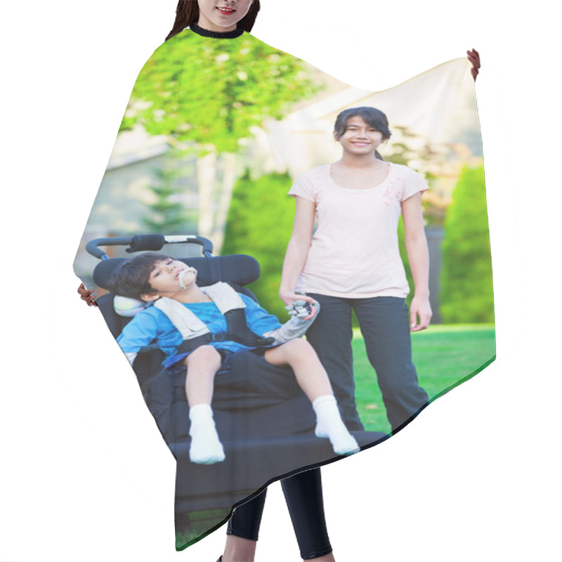 Personality  Disabled Little Boy In Wheelchair With Sister On Grassy Lawn Out Hair Cutting Cape