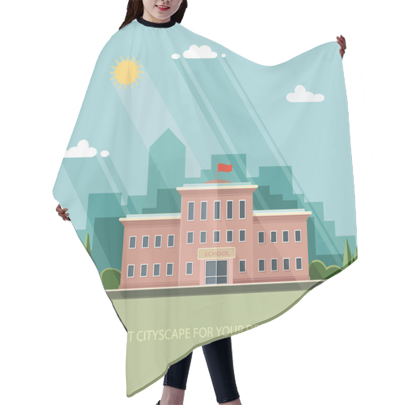 Personality  Welcome Back To School. Building On The Background Of The City.  Hair Cutting Cape