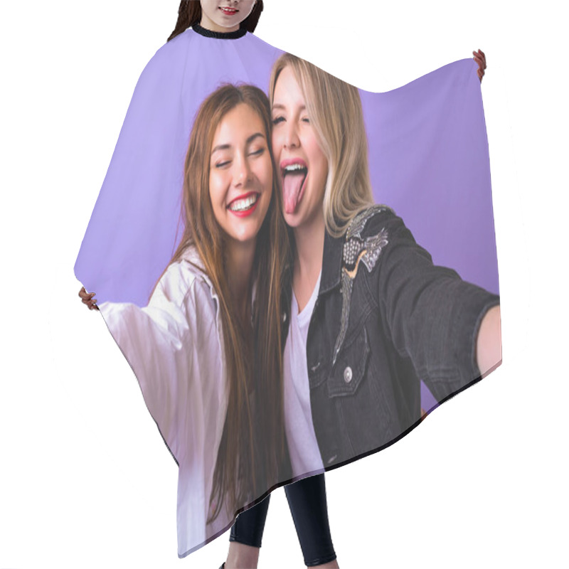 Personality   Fashion Lifestyle Portrait Of Two Young Hipster Girls Best Friends Taking Selfie  Hair Cutting Cape