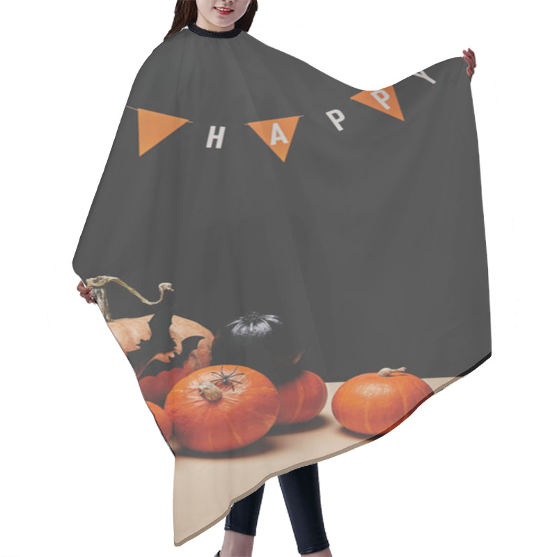 Personality  Pumpkins, Paper Bats And Paper Garland With Word Happy, Halloween Concept Hair Cutting Cape