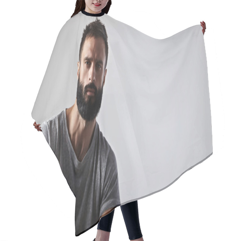 Personality  Portrait Of A Handsome Bearded Guy Hair Cutting Cape