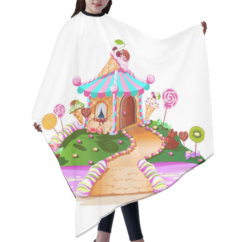 Personality  Sweet House On Candy Land. Fairytale House Surrounded By Sweets, Candies And Fruits. Pink River And A Sweet Bridge. Vector Illustration On A White Background. Hair Cutting Cape