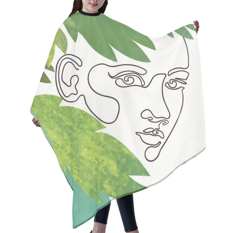 Personality  Outline Illustration Of Woman Face With Exotic Leaves Hair Cutting Cape