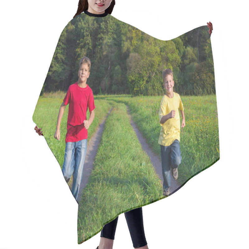 Personality  Two Happy Boys Running Together On Field Road Hair Cutting Cape