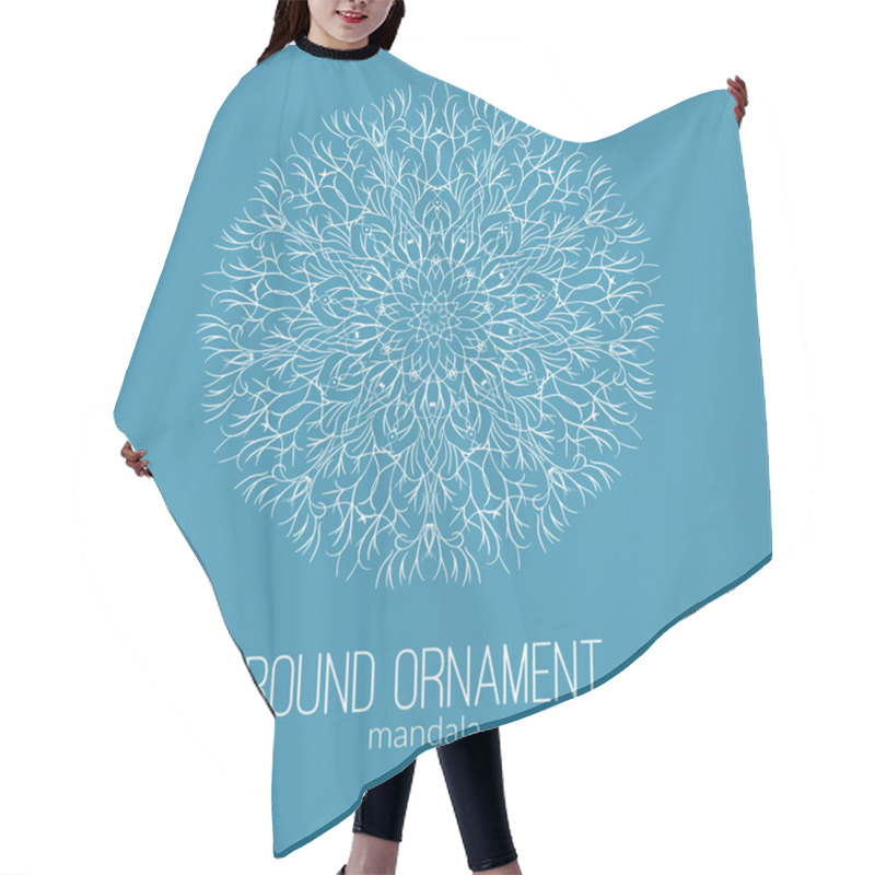 Personality  Vector Hand Drawn White Floral Mandala Circle Ornament Isolated On The Blue Background.  Hair Cutting Cape