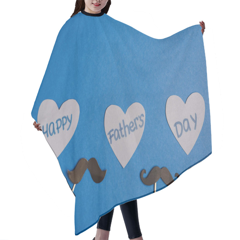 Personality  Top View Of Decorative Cardboard Fake Mustache And Paper Cut Grey Hearts With Lettering Happy Fathers Day On Blue Background Hair Cutting Cape